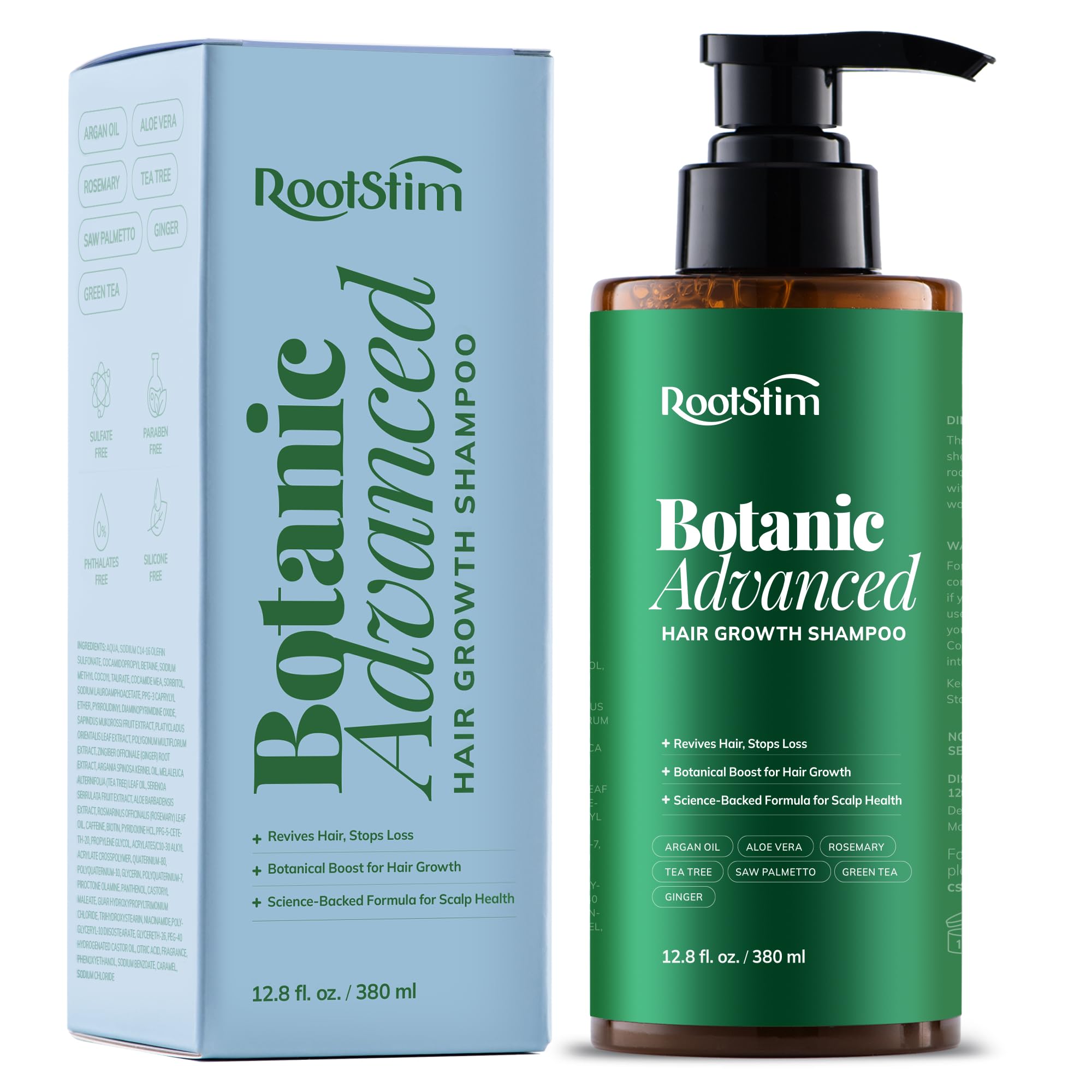 RootStim Hair Growth Shampoo bottle supports thicker-looking hair and daily root strengthening.