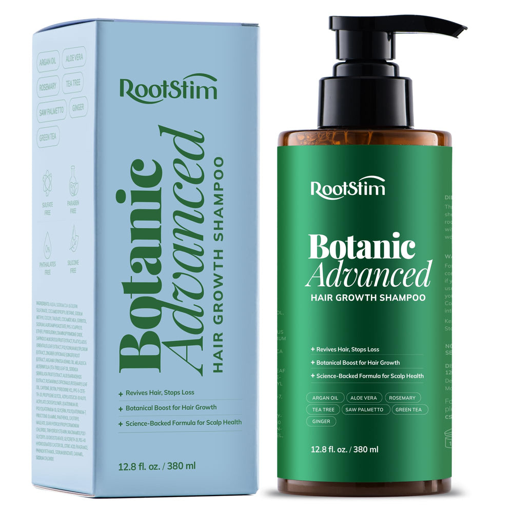 RootStim Hair Growth Shampoo bottle supports thicker-looking hair and daily root strengthening.