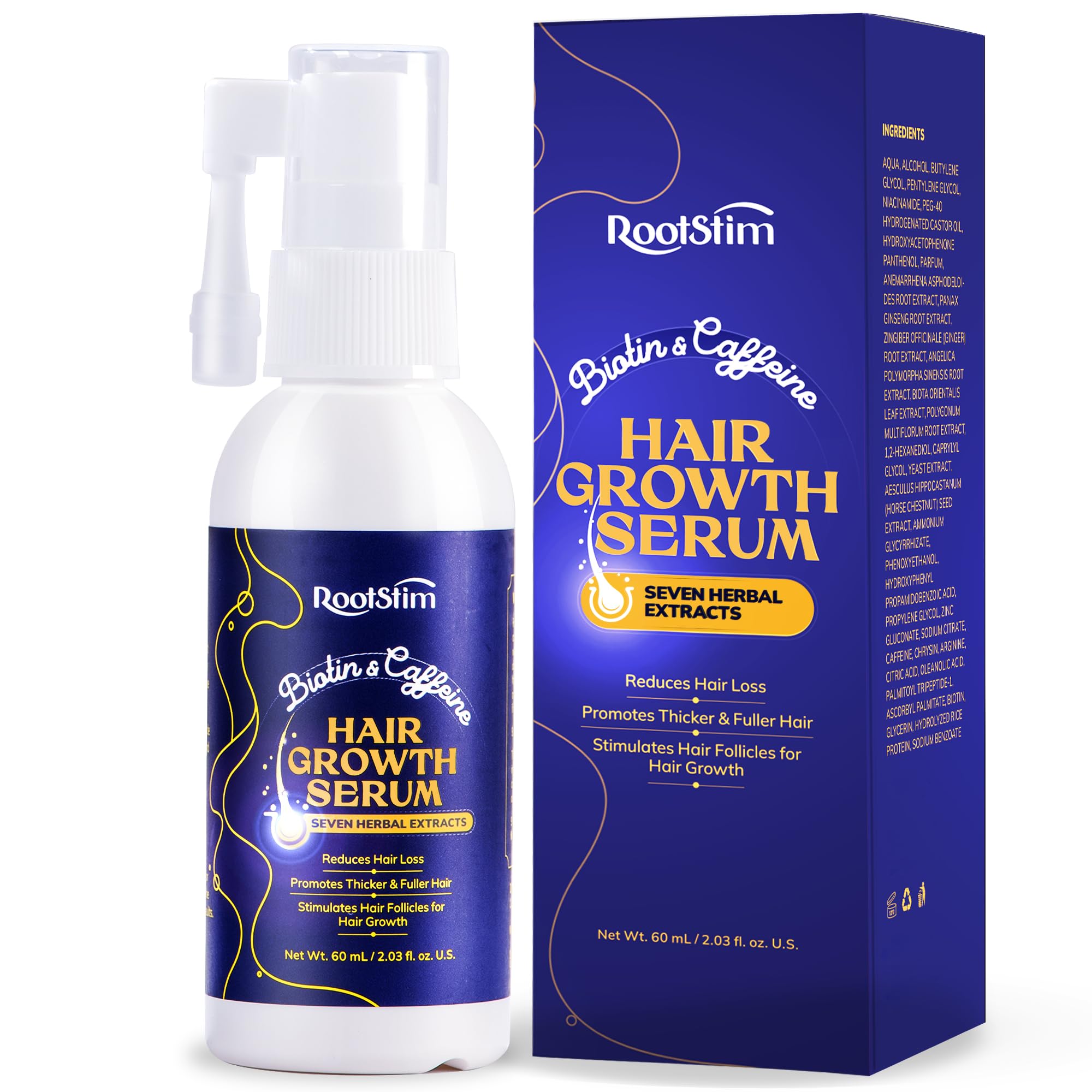 RootStim Hair Growth Spray bottle showing precise scalp application for easy daily use.