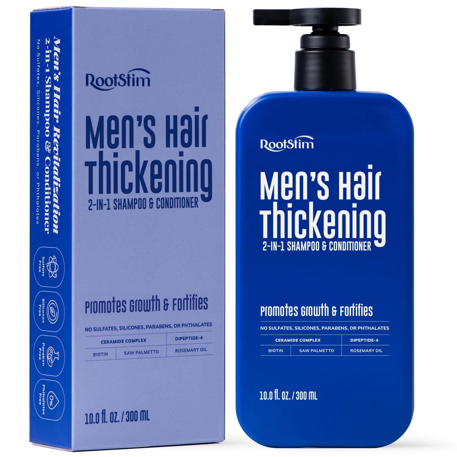 RootStim Hair Thickening Shampoo bottle promotes fuller-looking hair daily.