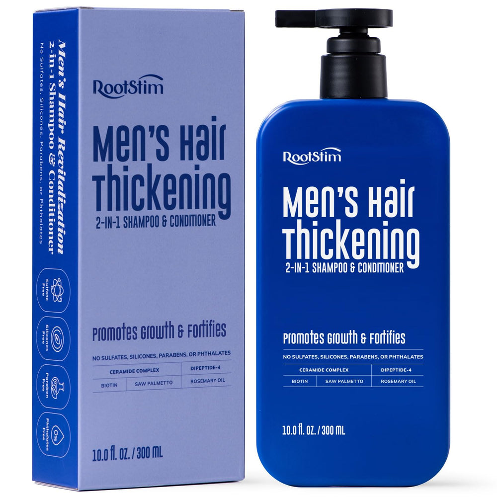 RootStim Hair Thickening Shampoo bottle promotes fuller-looking hair daily.