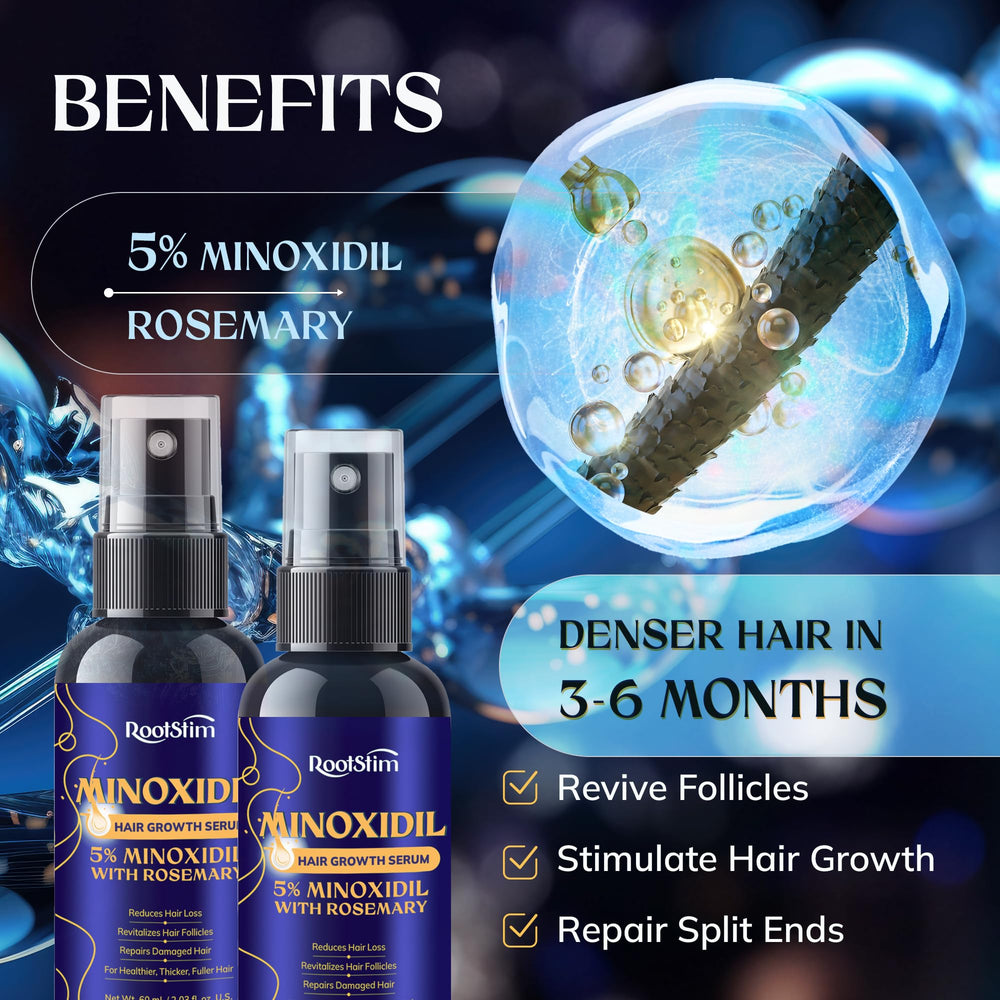 RootStim minoxidil 5% bottle closeup with precise dropper for targeted treatment.
