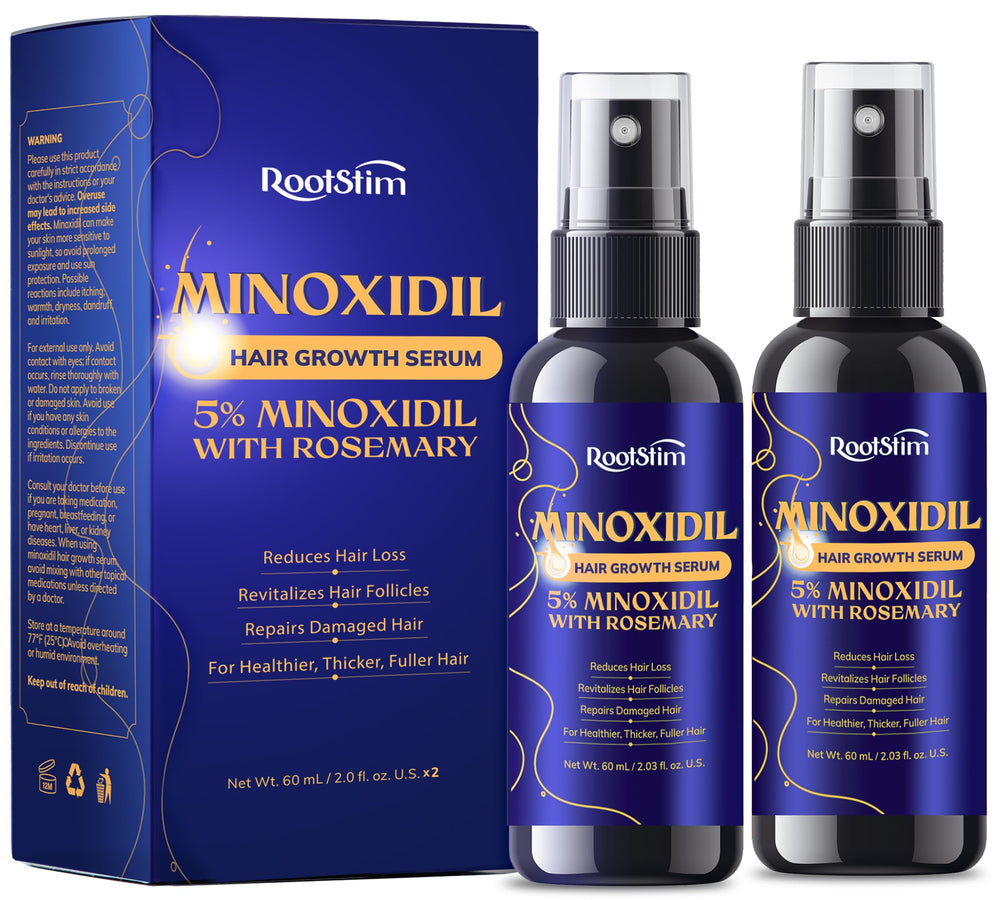 RootStim 5% minoxidil bottle shown for fuller hair growth.