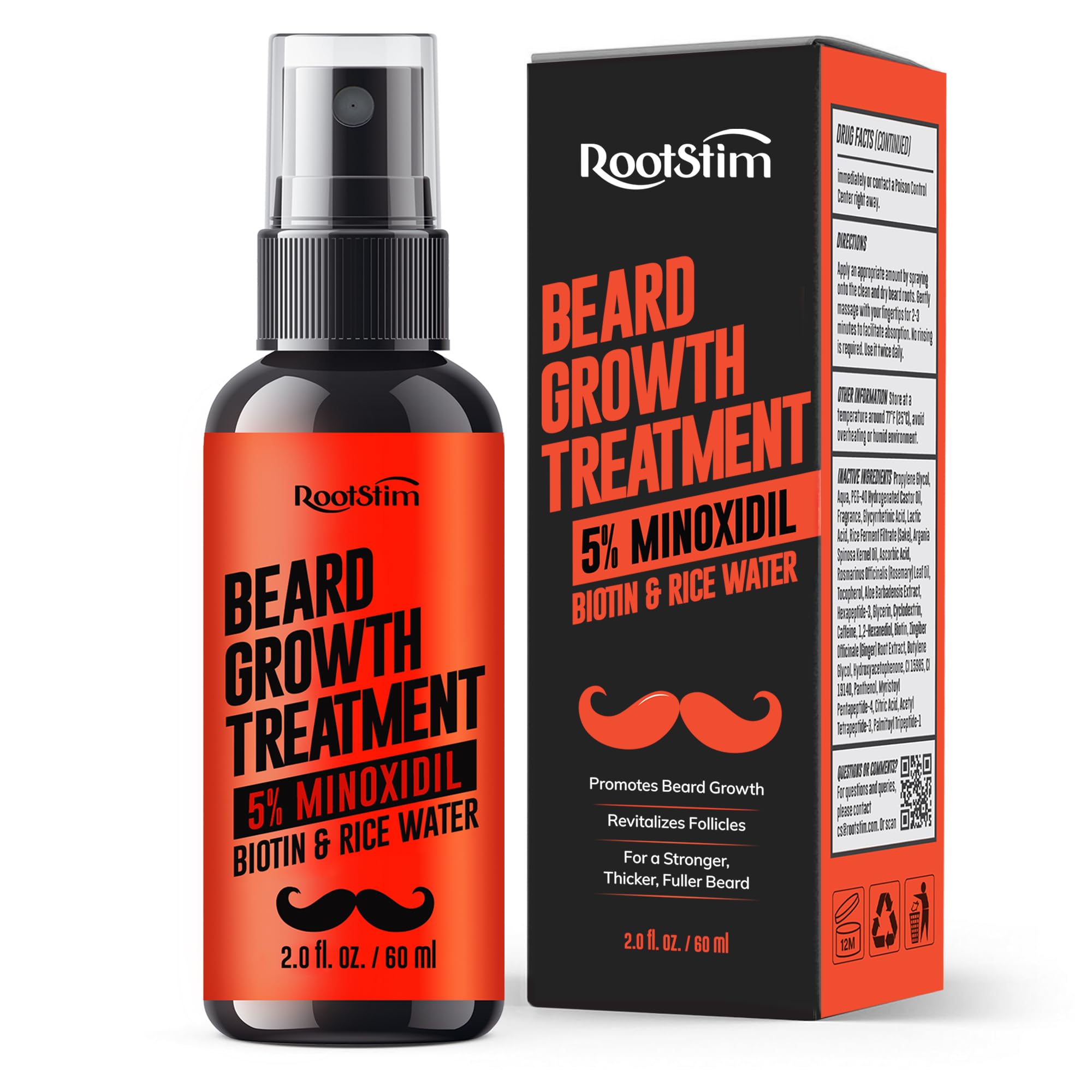 RootStim minoxidil beard growth serum bottle showing high-strength formula for fuller appearance.