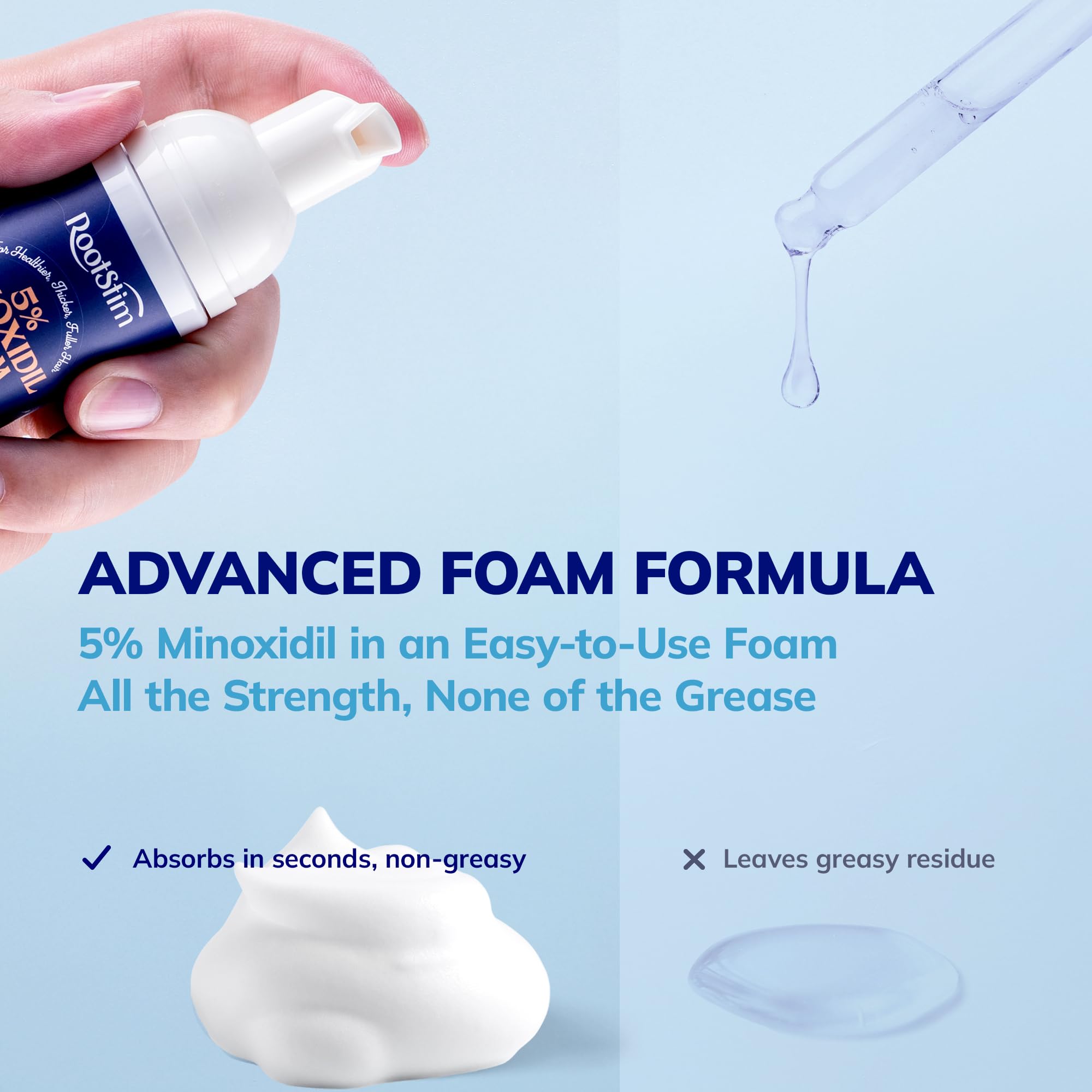 RootStim Minoxidil Foam being dispensed shows quick-drying, non-greasy texture
