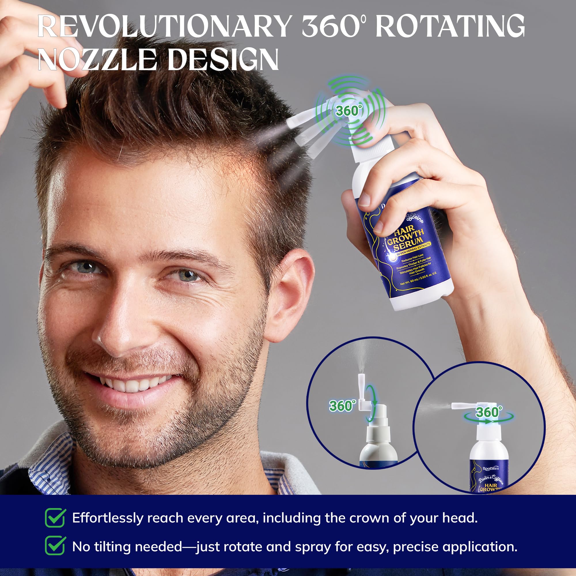 RootStim Precise 0.25ml dosing spray demonstrates targeted scalp delivery.