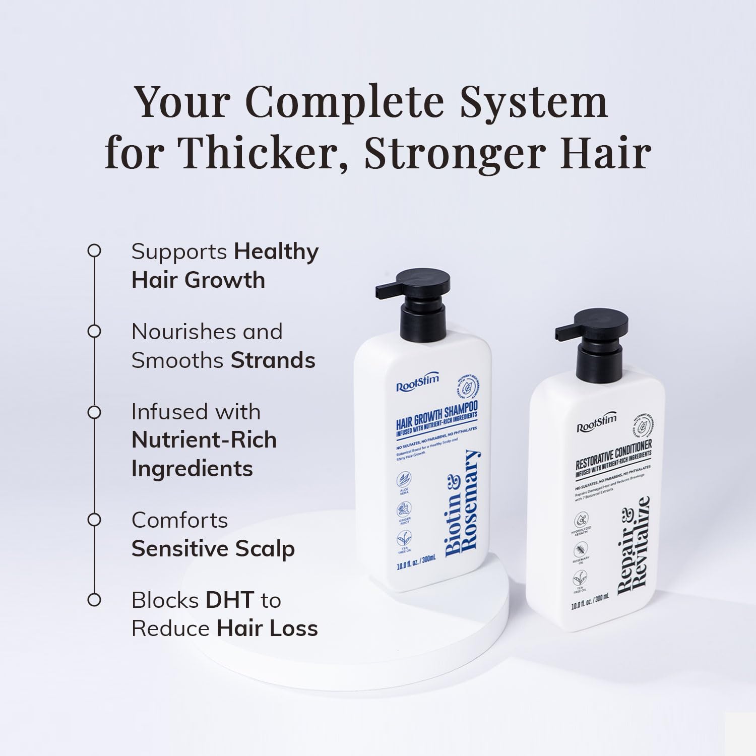 RootStim rosemary-biotin conditioner bottle nourishes and softens strands for healthier-looking hair.