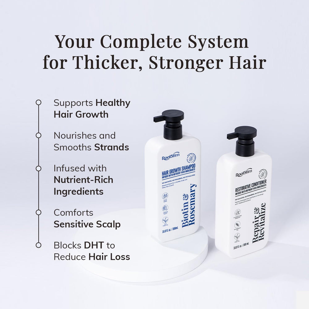 RootStim rosemary-biotin conditioner bottle nourishes and softens strands for healthier-looking hair.