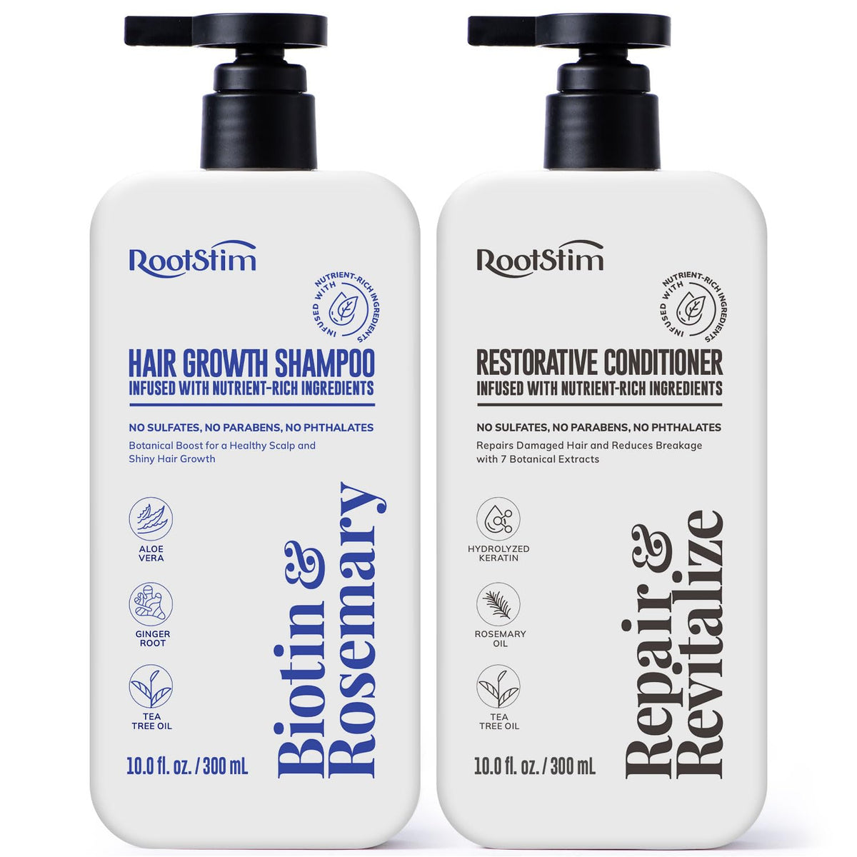 RootStim rosemary-biotin shampoo bottle showcases a volumizing daily routine.