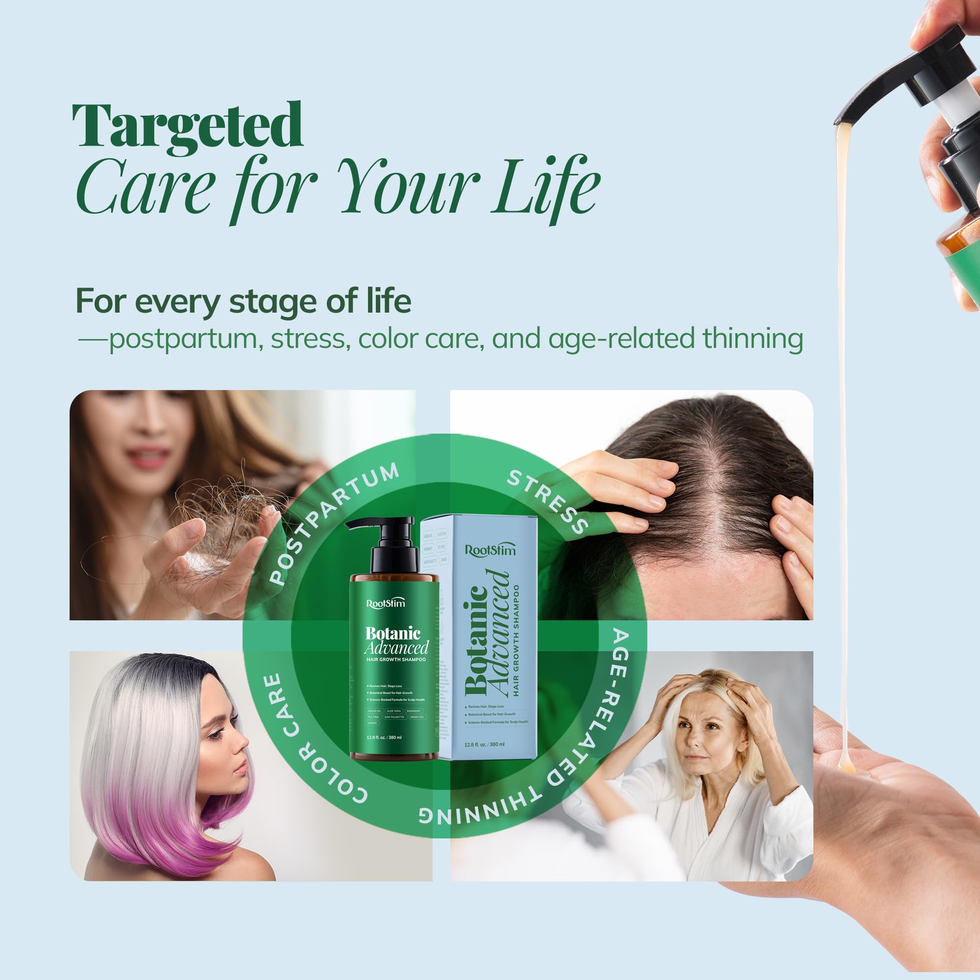 RootStim rosemary-caffeine ingredients scene highlights natural scalp nourishment and energizing formula.