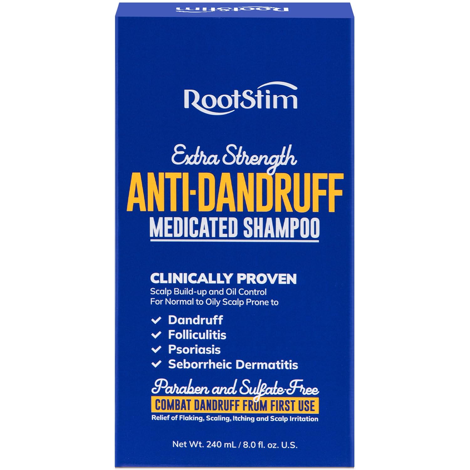 RootStim seborrheic-dermatitis shampoo bottle promotes flake relief and scalp comfort.