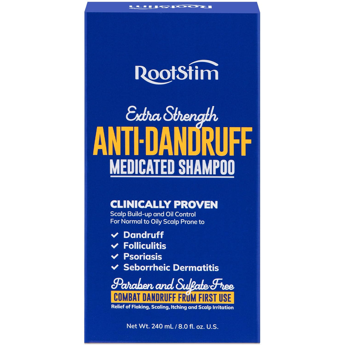 RootStim seborrheic-dermatitis shampoo bottle promotes flake relief and scalp comfort.