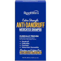 RootStim seborrheic-dermatitis shampoo bottle promotes flake relief and scalp comfort.