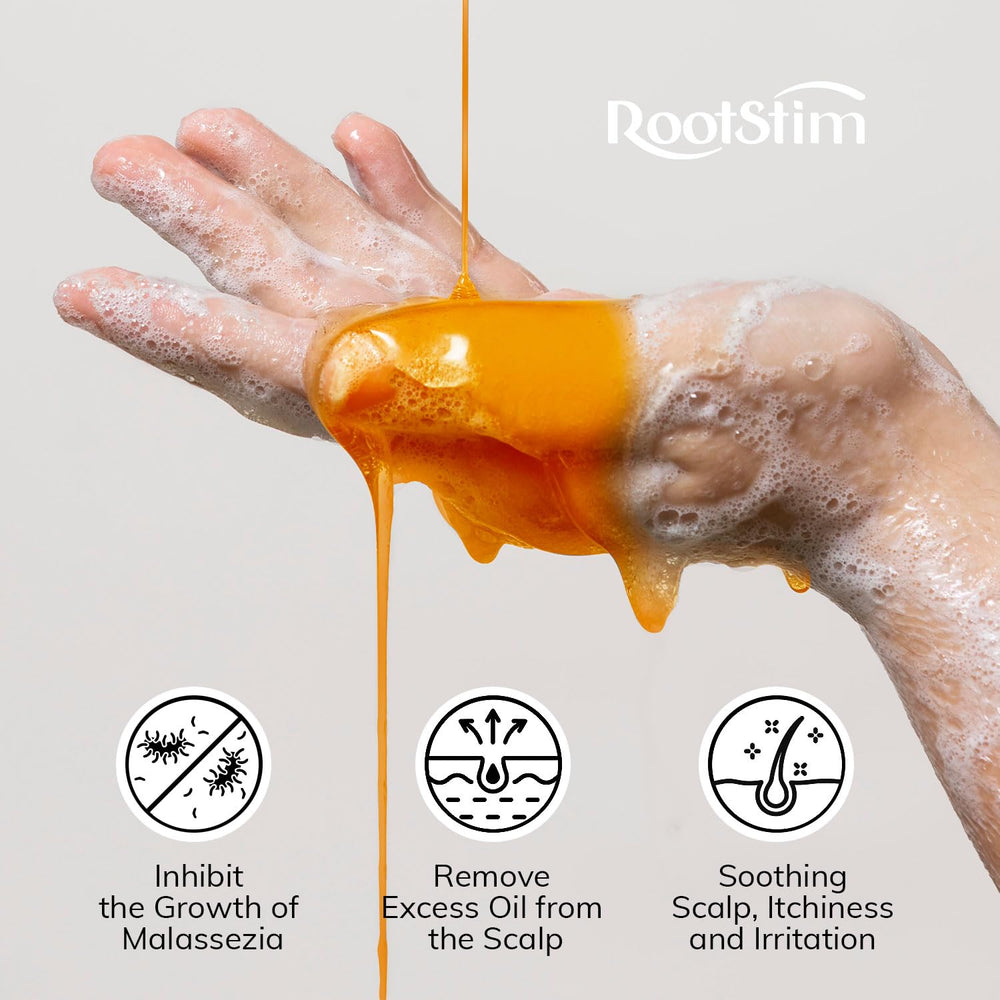RootStim sulfate-free gentle-cleanser bottle shows thorough cleansing without drying.