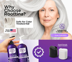 Roottina Silver Shine conditioner bottle front emphasizes moisture-rich, color-safe care.