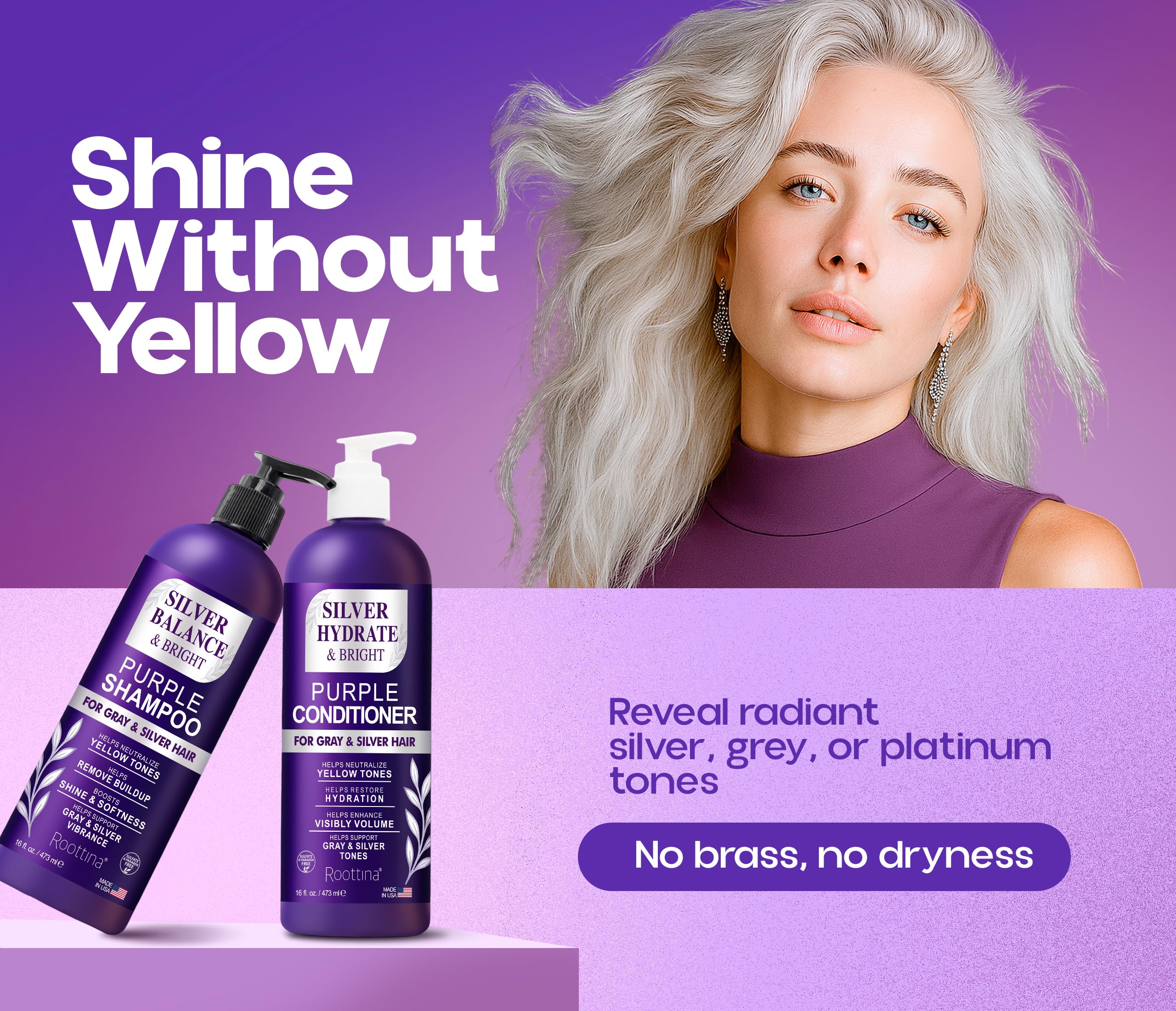 Roottina Silver Shine conditioner pump delivers hydrating care for soft, manageable gray and blonde hair.