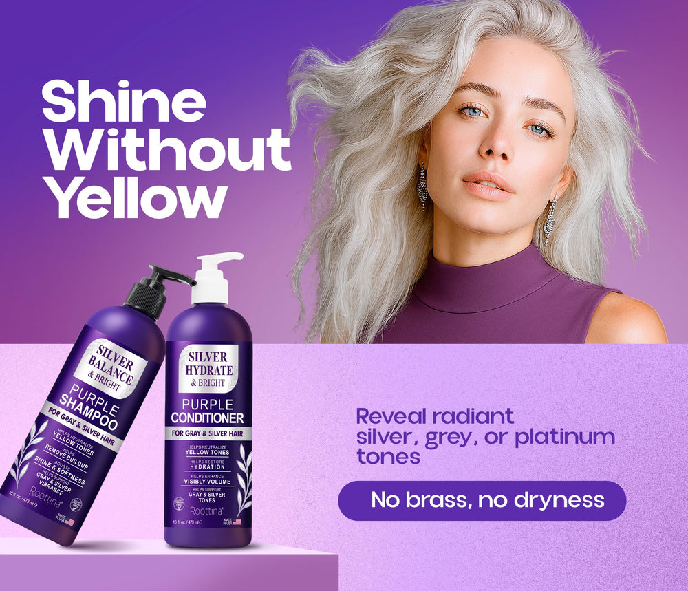 Roottina Silver Shine conditioner pump delivers hydrating care for soft, manageable gray and blonde hair.
