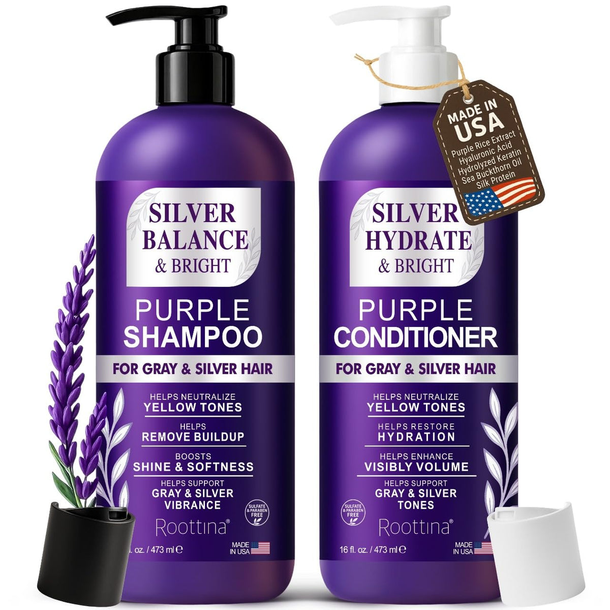 Roottina Silver Shine purple shampoo pump for easy brass neutralization in daily wash.