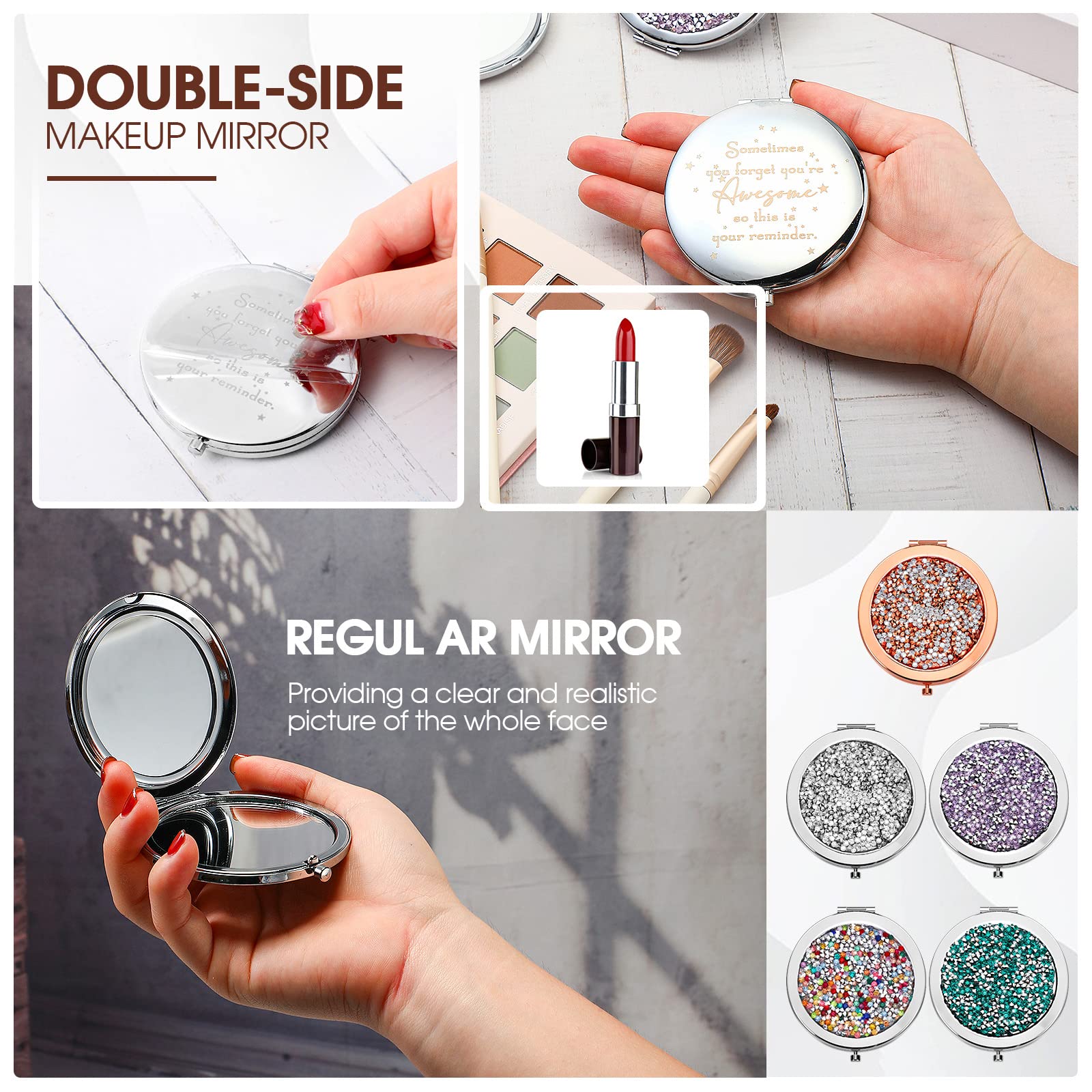 Roowest inspirational compact mirror in silver-purple exudes modern charm for gifting or personal use.