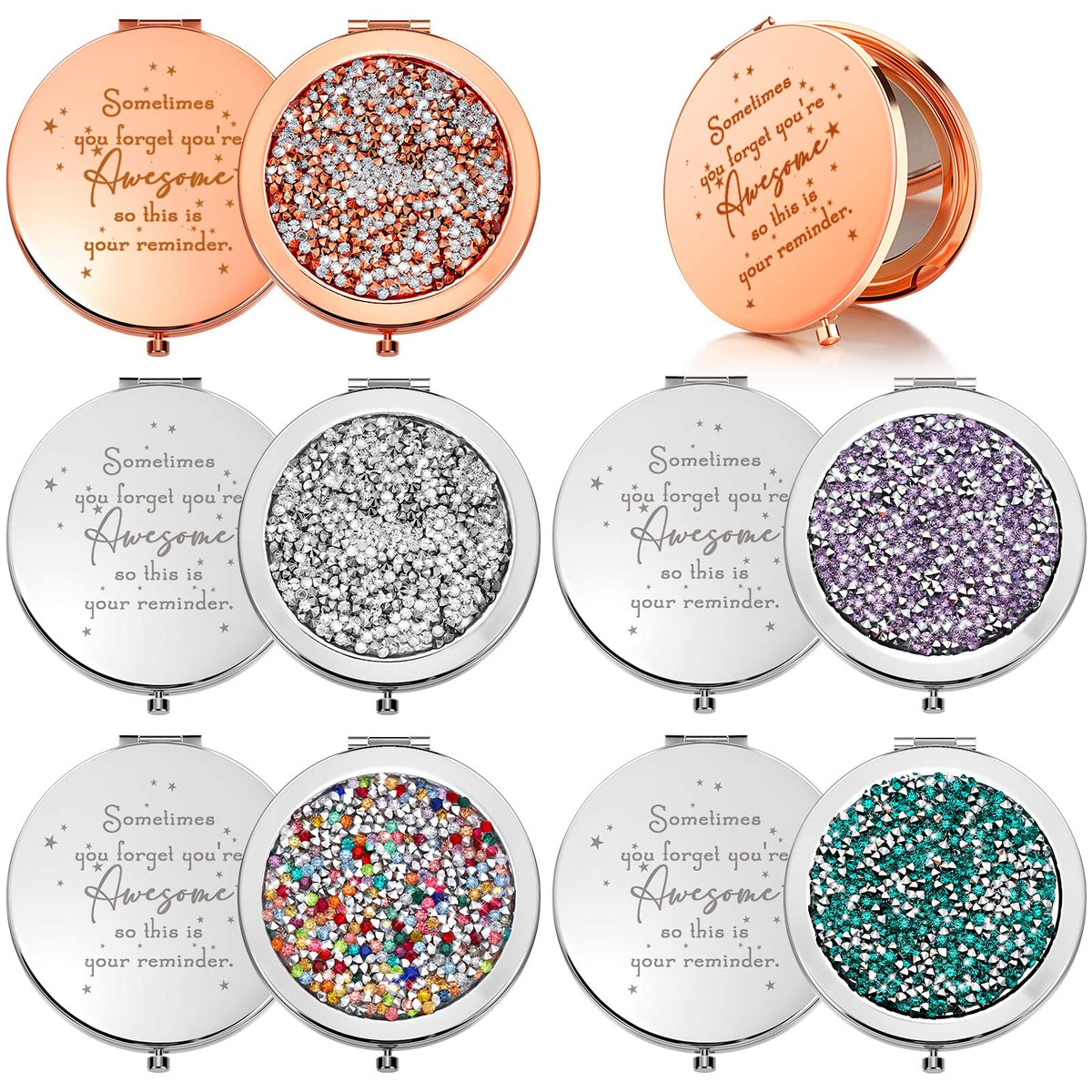 Roowest inspirational compact mirror cover highlights portable elegance for on-the-go touchups.