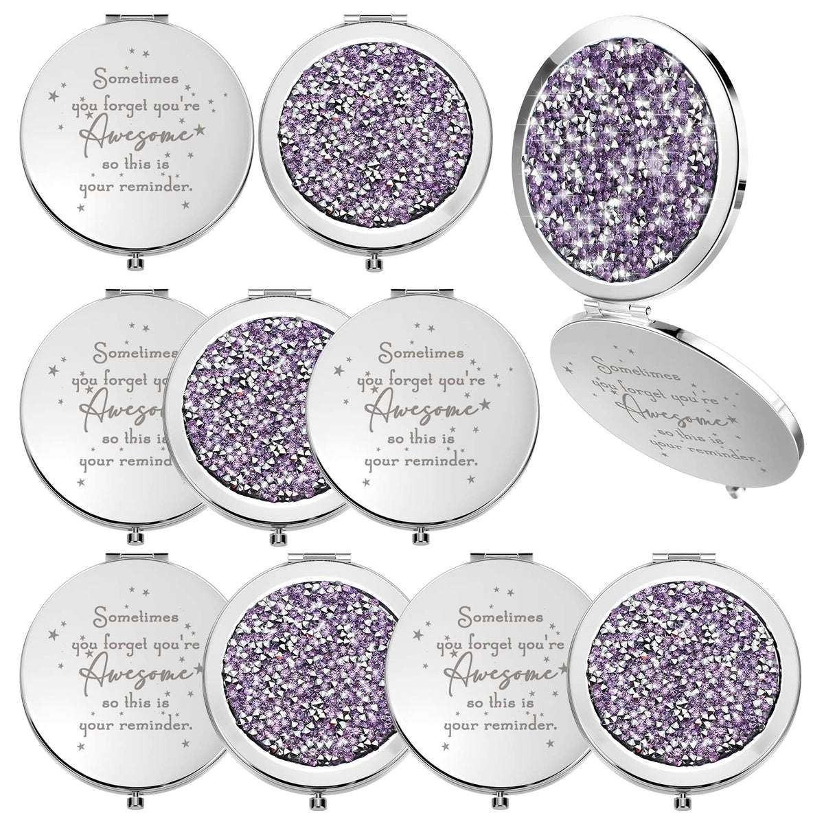 Roowest inspirational compact mirror front view in purple for quick makeup touch-ups