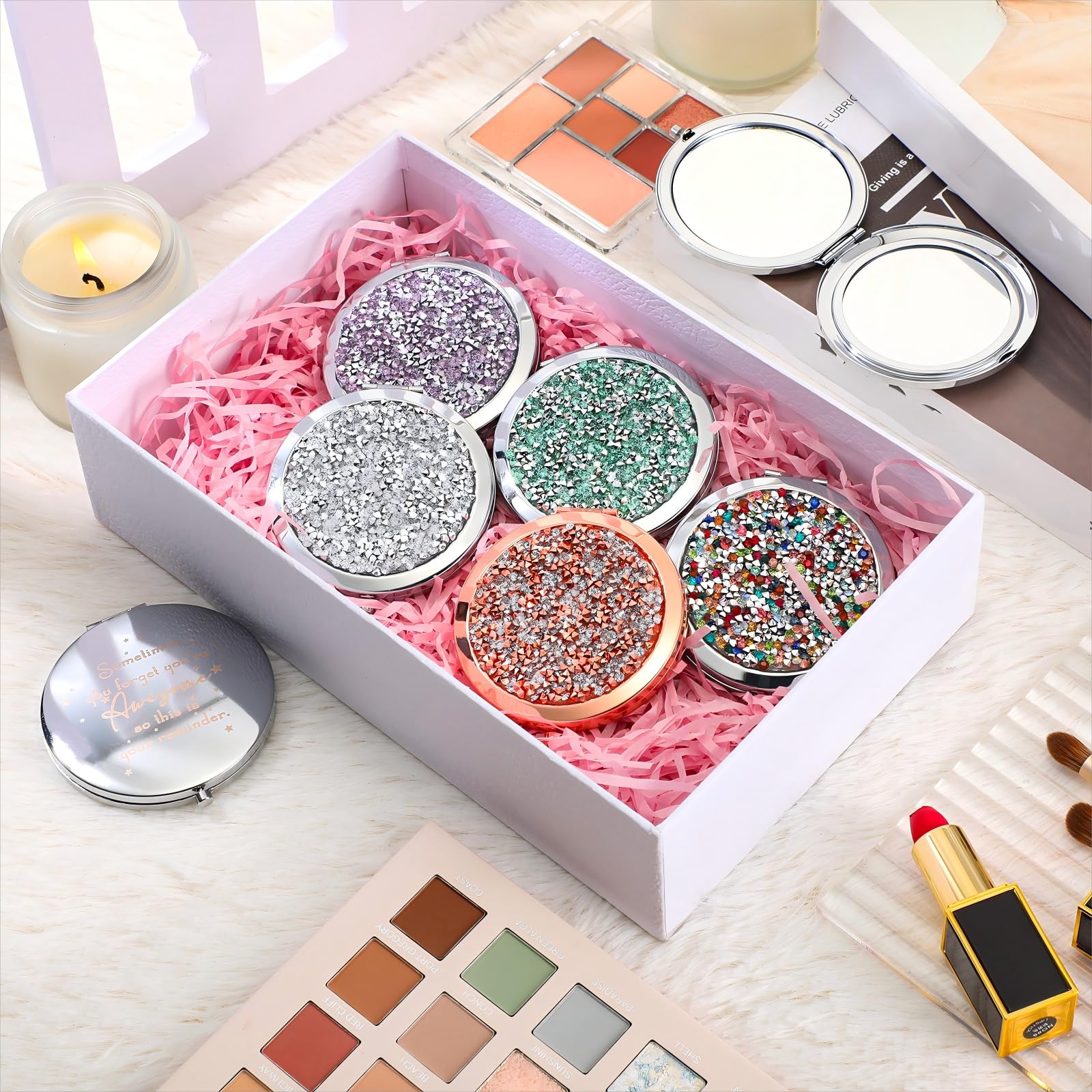 Roowest inspirational compact mirror with 2x magnification for precise makeup checks on the go.