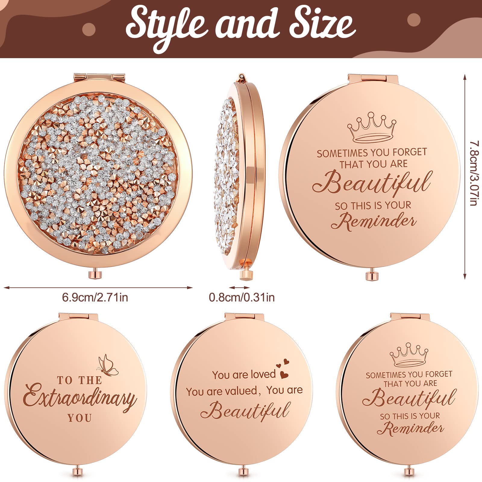 Roowest rose gold compact mirror back shows motivational engraving for daily confidence
