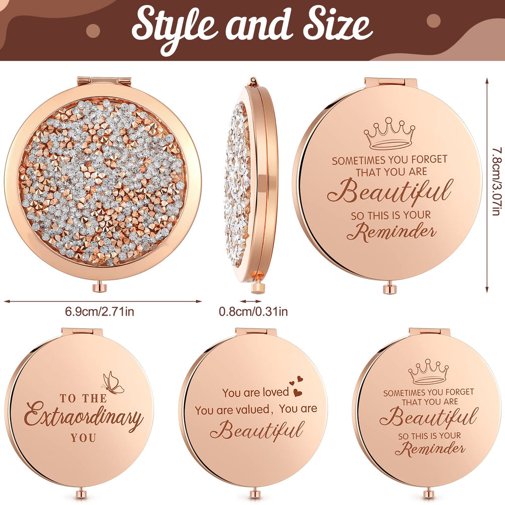 Roowest rose gold compact mirror back shows motivational engraving for daily confidence