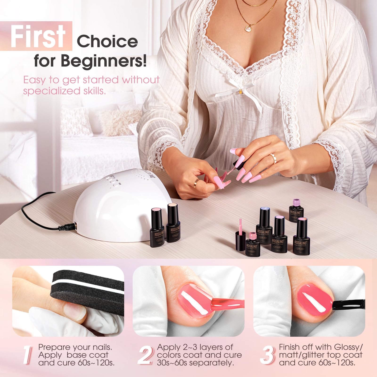 ROSALIND LED curing step guide helps quick, safe nail polish setting