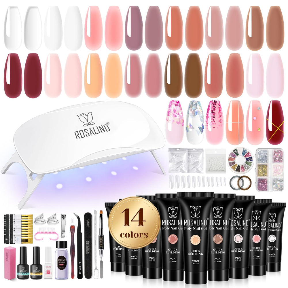 ROSALIND Poly Nail Gel Kit showing 14 color swatches for versatile at-home manicures