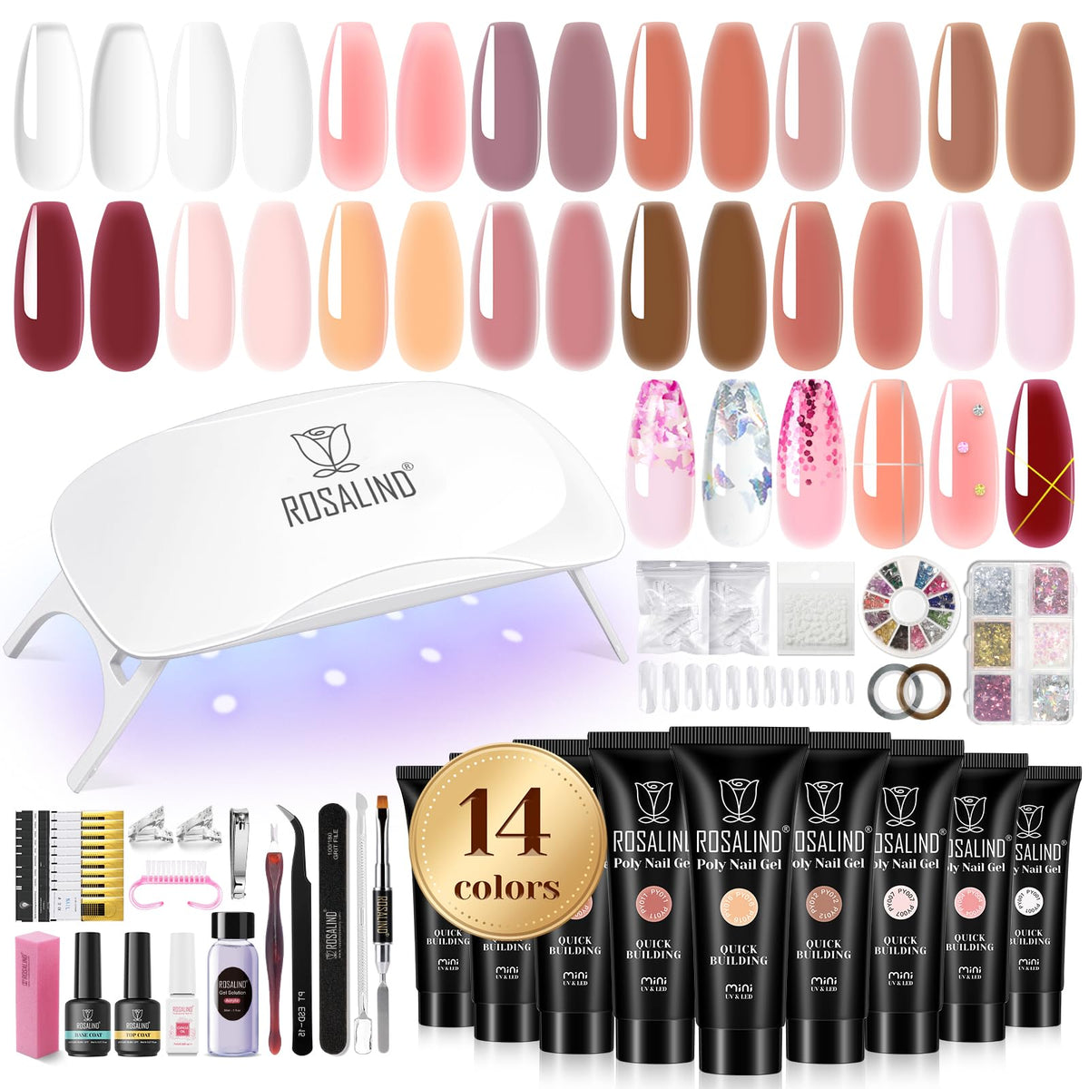 ROSALIND Poly Nail Gel Kit showing 14 color swatches for versatile at-home manicures