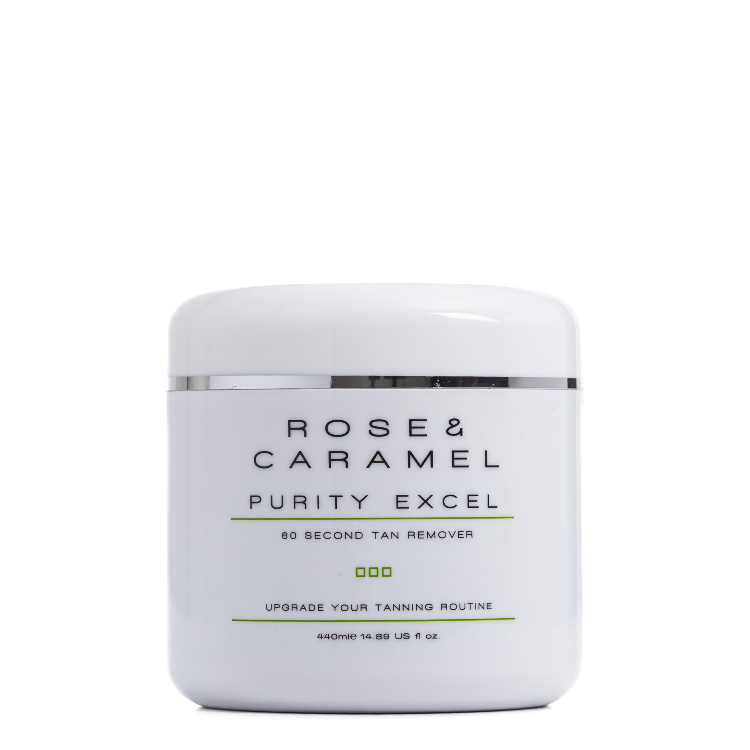 Rose & Caramel Purity Excel tan remover bottle shows rapid 60-second self-tan removal for a fresh start.