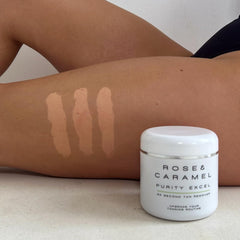 Rose & Caramel Purity Excel tan remover ingredient list highlights fragrance and vegan formula.