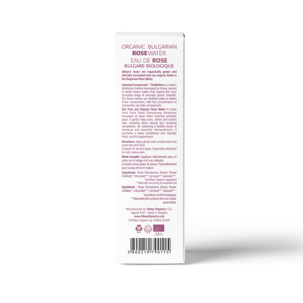 Rose water toner bottle pour highlighting BPA-free packaging for gentle hydration.