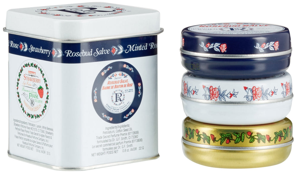 Rosebud Three Lavish Layers Lip Balm closeup shows creamy texture for lasting moisture.