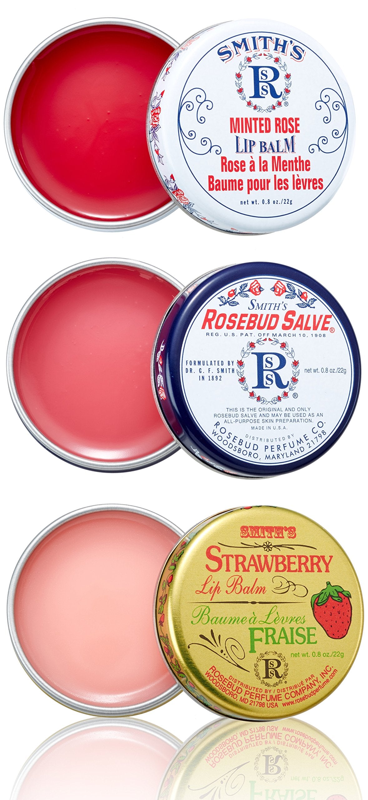 Rosebud Three Lavish Layers Lip Balm packaging for on-the-go hydration.