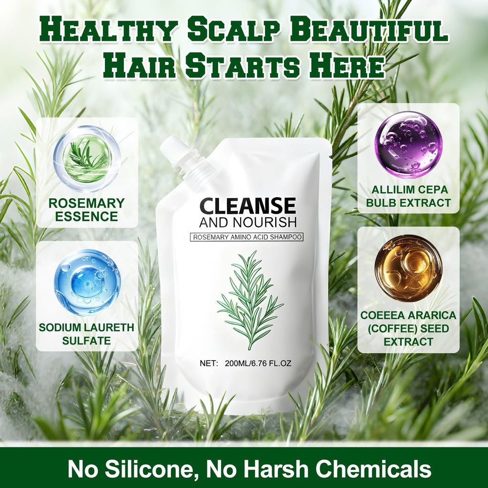 rosemary-amino-acid-shampoo-ingredients-label highlights natural rosemary and amino acids for nourishing scalp.