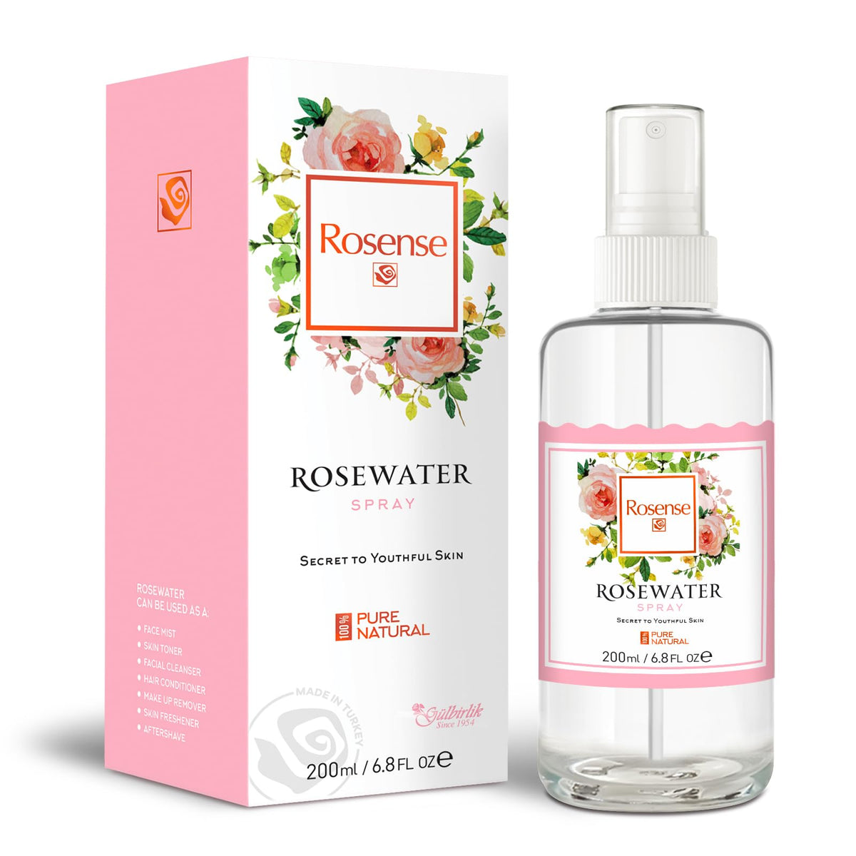 Rosense glass bottle rosewater toner ready for hydrating skin