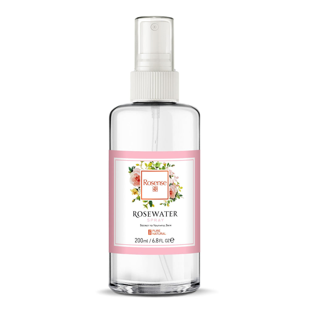 Rosense rosewater spray bottle in action for refreshing mist