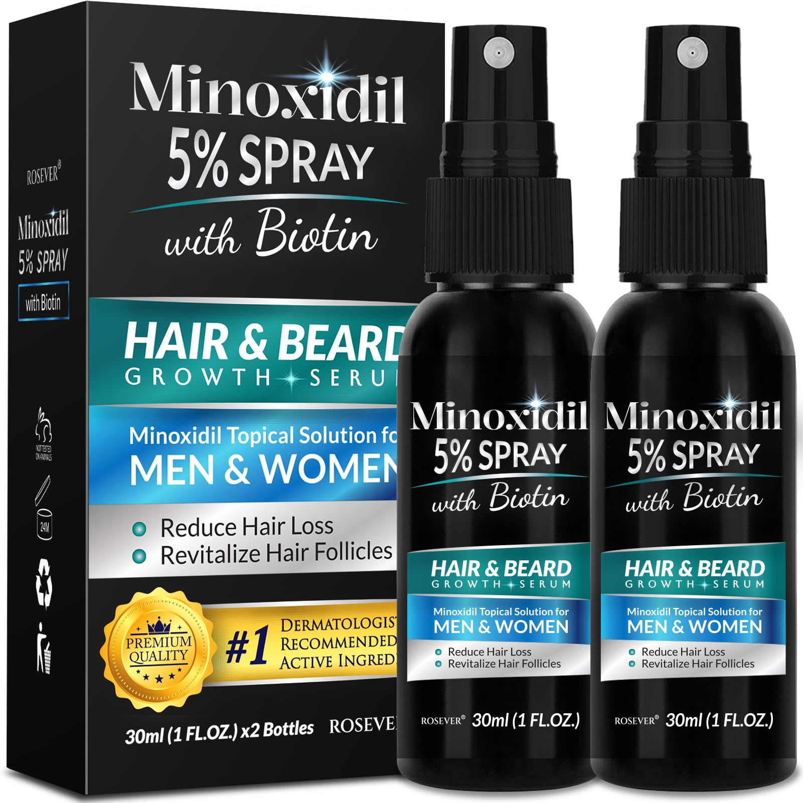 Rosever 5% Minoxidil spray bottle ready for daily use to support hair health.