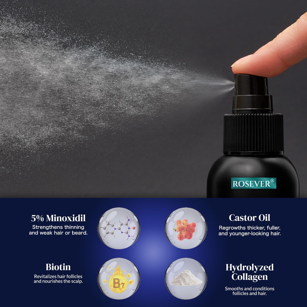 Rosever Minoxidil spray morning application shown for scalp revitalization.