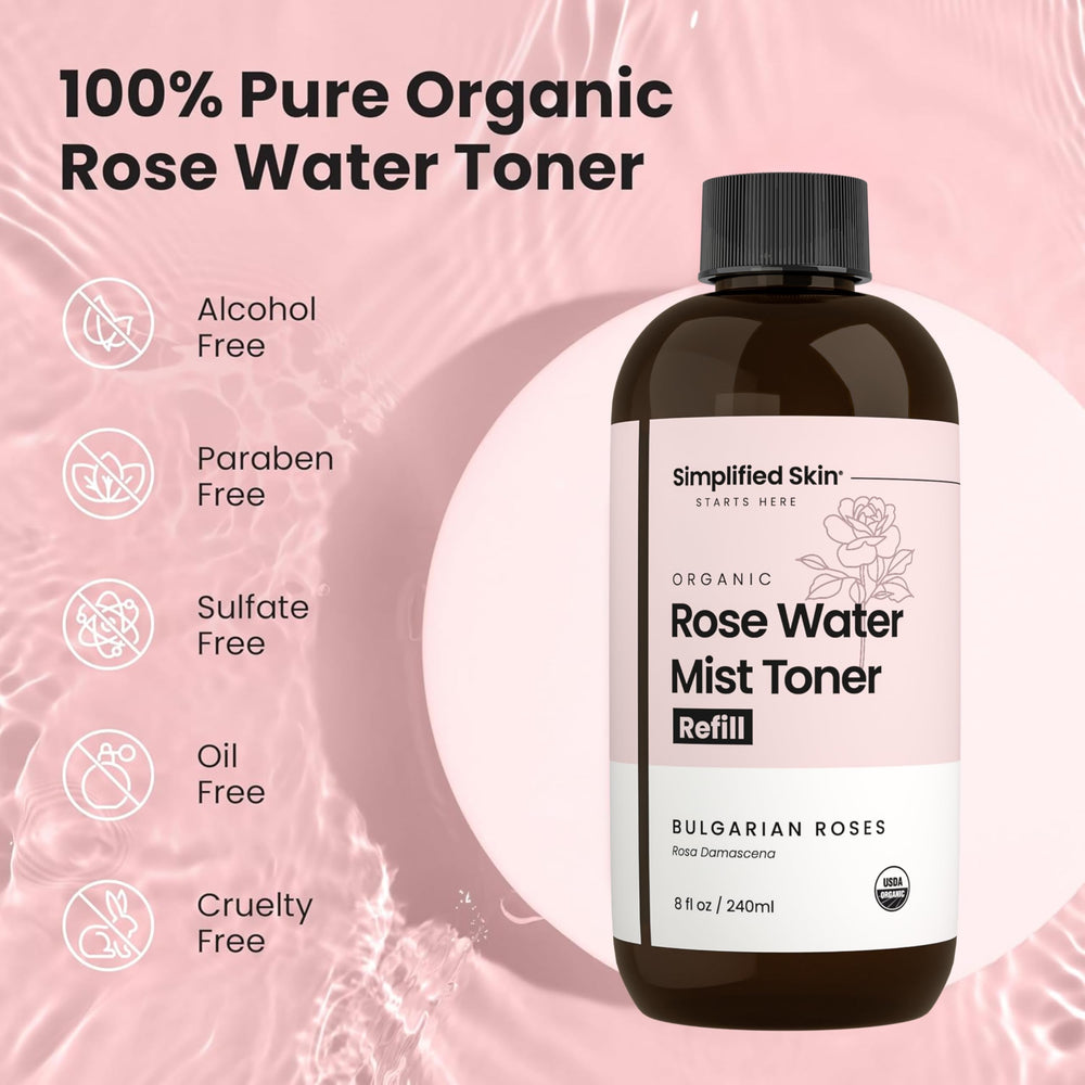 Rosewater spray hair refresh adding light hydration and scent.