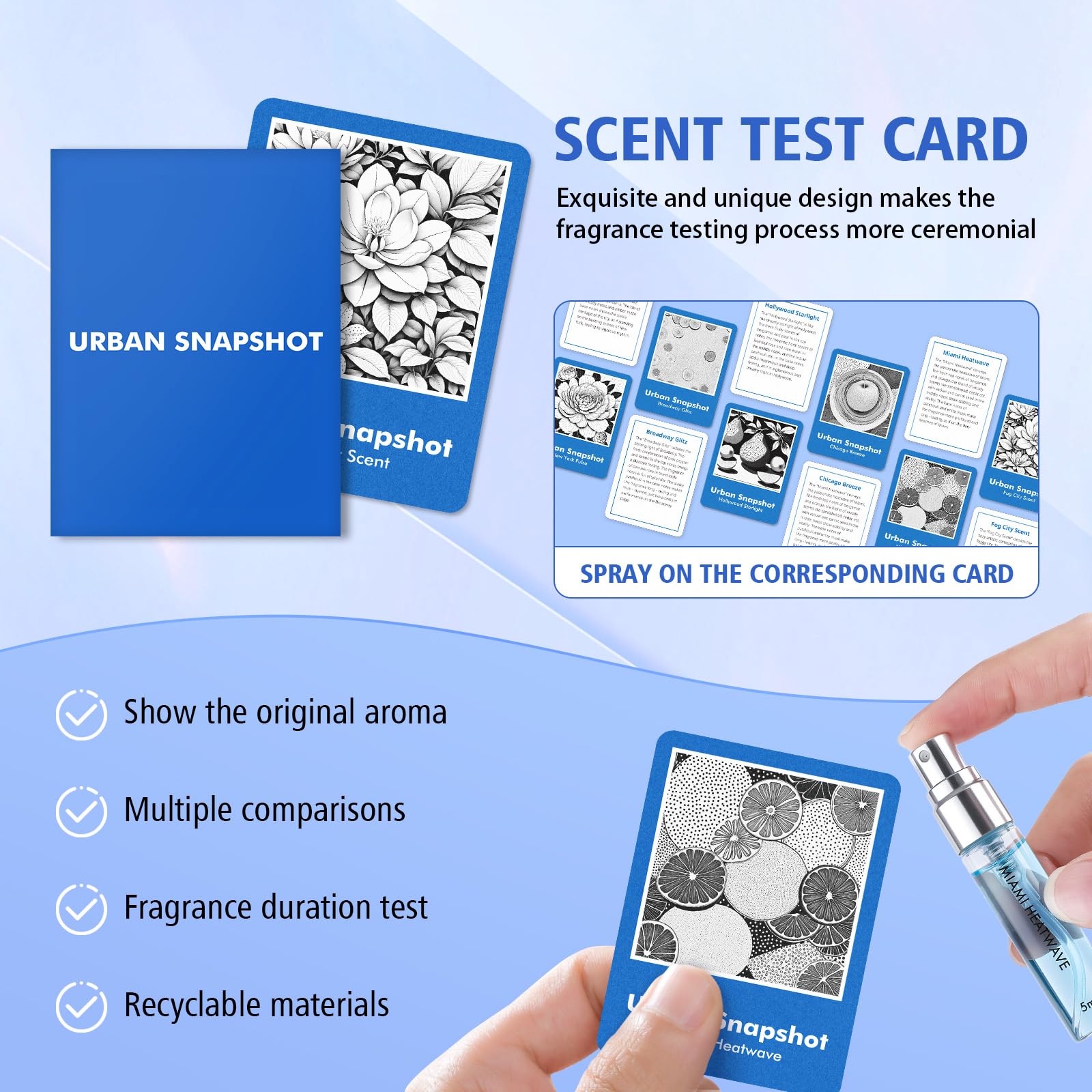 Roseye Urban Snapshot scent-cards feature at-a-glance notes for quick decisions.