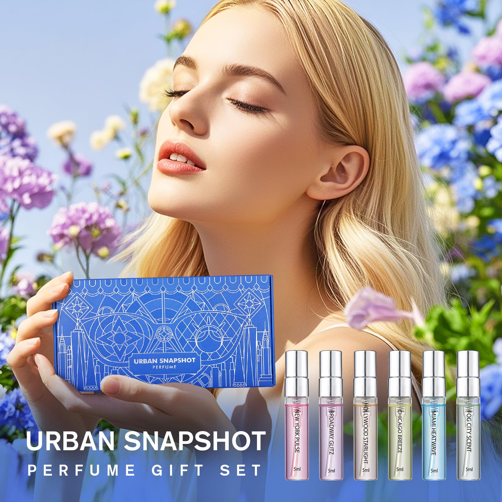 Roseye Urban Snapshot six-fragrances display highlights city-inspired scents to explore.