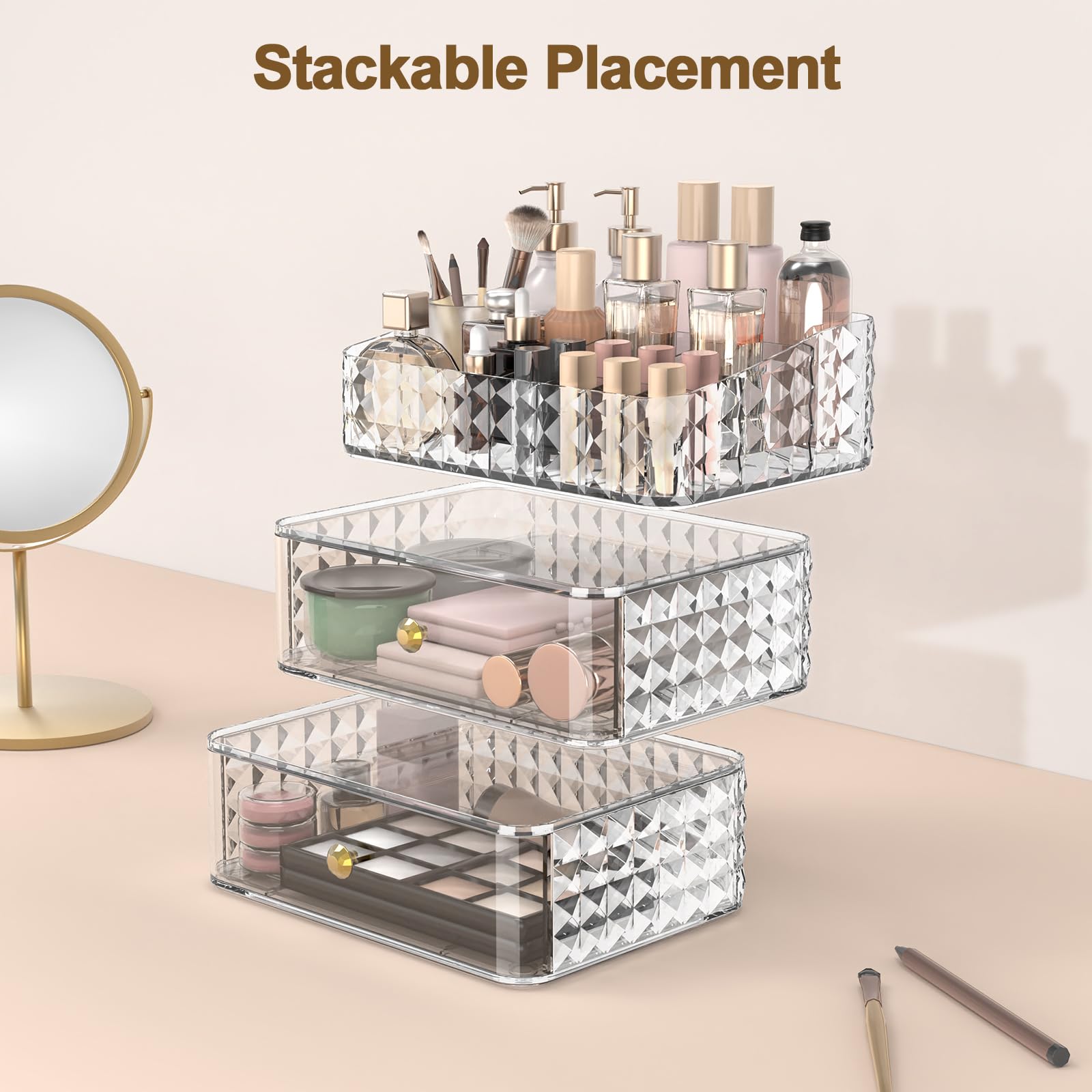 Rosoenvi makeup organizer drawer front shows smooth sliding action