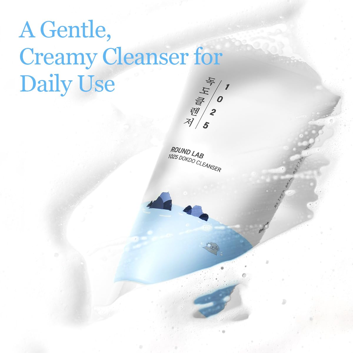 ROUND LAB 1025 Dokdo Cleanser foam closeup highlights rich, soft bubbles for thorough cleansing.