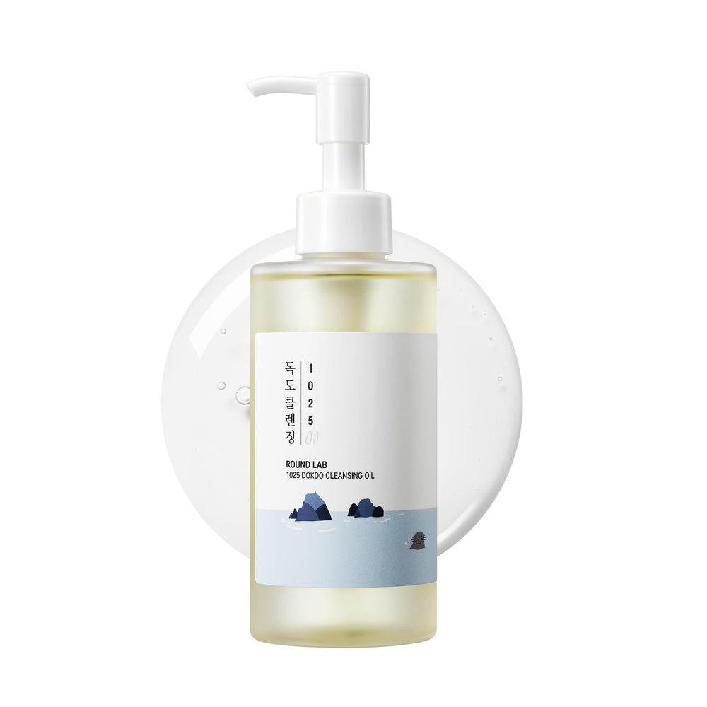 ROUND LAB 1025 Dokdo Cleansing Oil bottle; lightweight makeup removal solution.