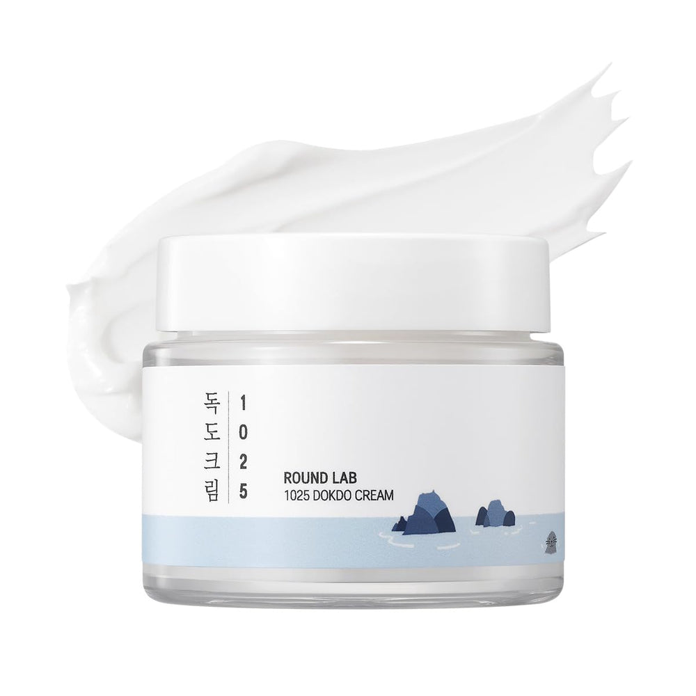 ROUND LAB 1025 Dokdo Cream dense-texture application demonstrates rich hydration for plump skin