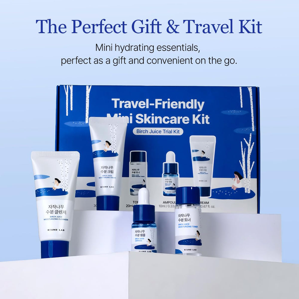 ROUND LAB Birch Juice Mini Kit compact travel bag for skincare on the go.