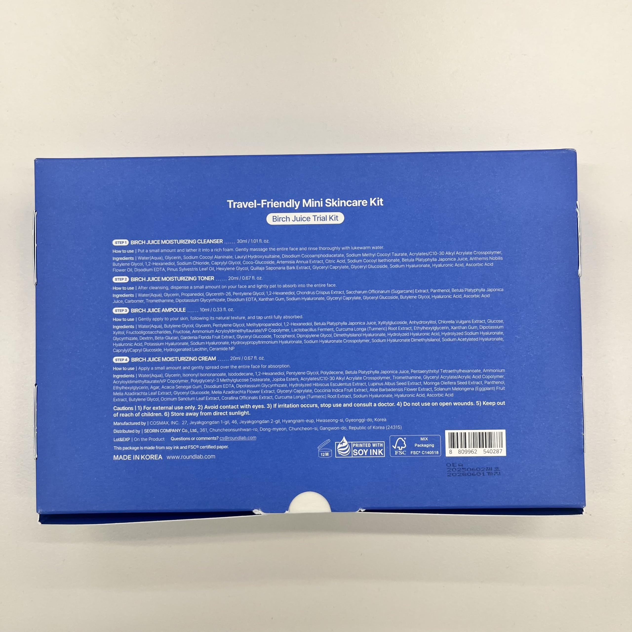 ROUND LAB Birch Juice Mini Kit four-step routine guide for daily care.